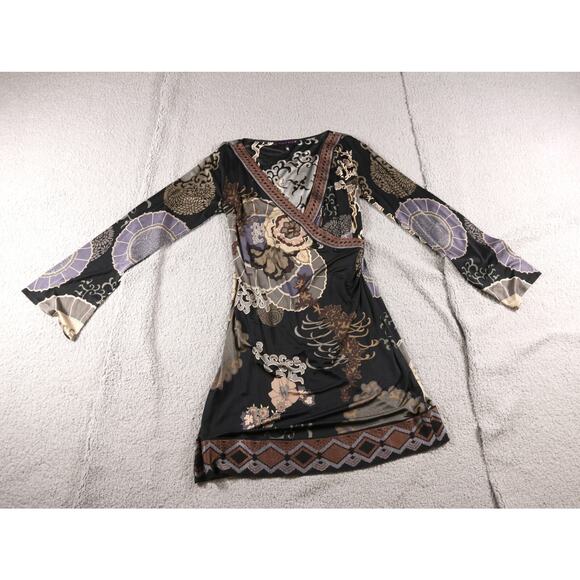 Hale Bob Dress L Floral Silk Multicolor Faux Wrap Knit Trim Pull On - Picture 1 of 7